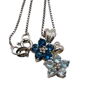 FAS Sterling Silver London & Sky Blue Topaz Double Flower Pendant Necklace 925